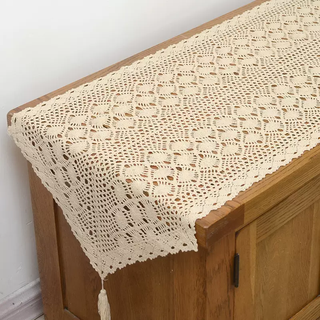 Yusen yi american pastoral tablecloth line hollow dining coffee table art mat decorative cloth flag cotton line table tv cabinet five drawers cupboard dining cabinet phoenix tail flower pointed corner beige 40x260cm