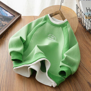 儿童绣花圆领运动衫假两件套2025秋季新男孩下装衬衫中大号儿童长 果绿 170 170cm