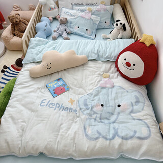 Cute color little elephant type a baby quilt cover single piece pure cotton double layer children's kindergarten quilt cover three-piece set q version blue little elephant 1.2 bed three-piece set quilt cover 150x200cm, sheet 18