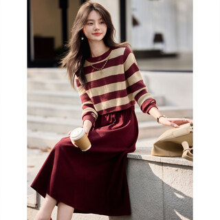 Awakening paradise winter literary style french sweater top suspender dress two-piece commuting suit burgundy xl