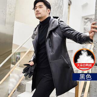 比菲力真皮羽绒服男连帽中长款冬季加绒加厚海宁男士皮衣皮羽绒潮 黑色 M M