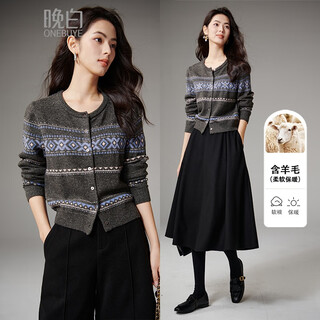 Late white new product 2025 autumn and winter style sheep wool fair isle sweater small short knitted cardigan jacket women floral gray l