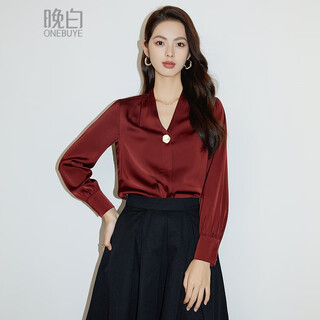 Late white exclusive 2025 autumn fashionable and western style top chinese red long sleeve shirt women's shirt dark red l