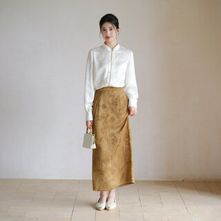 Chuchan clothing new chinese style acetate shirt women's 2025 autumn new white versatile commuting temperament national style jacquard satin top skirt (brown) s (ready stock)