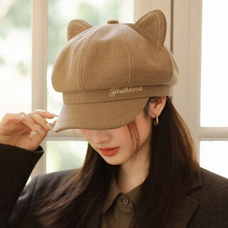Qisiman's new korean style hat for women, retro octagonal hat, autumn and winter big head circumference, face-showing small beret, versatile cat-eared peaked hat, khaki