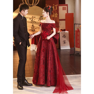 Acjk one-shoulder red toast dress bride 2025 new wedding french light luxury engagement party evening dress skirt style burgundy 2xl