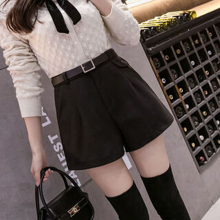 【送腰带】加厚毛呢短裤女宽松显瘦裤子女2020秋冬外穿高腰阔腿裤 黑色 XL  建议120-130斤