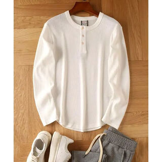 Xiaohongshu popular american retro henley shirt long-sleeved t-shirt men's spring and autumn loose t-shirt casual white waffle white m m120-135jin jin equals 0.5 kg