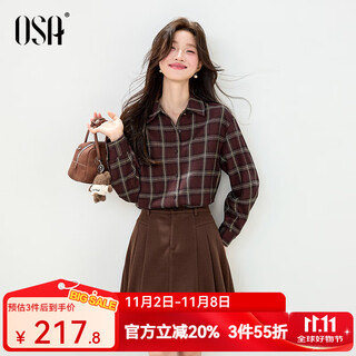 Osha retro contrasting plaid shirt women's winter new style slim brushed long-sleeved shirt top angora red xl