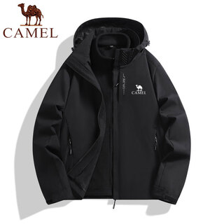 Camel outdoor jacket men's winter velvet thickened hooded jacket windproof and waterproof soft shell detachable windbreaker black three-in-one xl 130-145jin jin equals 0.5 kg