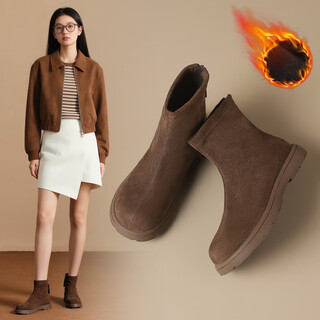 Zhr short boots for women in autumn and winter plus velvet flat round toe ankle boots for women with soft soles british style boots for women ce112a coffee color 36