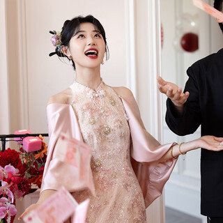 Grosfairy pink high-end toast dress cheongsam for women 2025 new new chinese style engagement dress bride wedding dressing gown for women pink 3xl