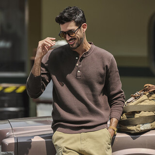 Hou teng american henry collar sweater men's winter loose warm sweater men's trendy retro sweater bottoming shirt men's red brown 4xl (210-230jin jin equals 0.5kg)