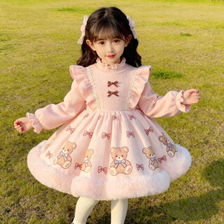 Kafanli (kafanii) girls 2025 autumn and winter new velvet cute dress baby lolita sweet fluffy birthday princess dress a05 pink bear velvet thickened sweet and cute 110