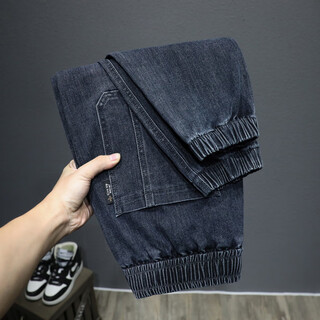 Yishion 2025 new elastic waist jeans men's trendy and versatile harem pants american loose leg casual pants blue gray, m