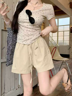 大码复古白色休闲裤女2025新款夏季高腰阔腿裤胖MM遮肉显瘦短裤子 卡其 M M建议90100斤