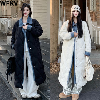 Wfkv large size women's clothing for fat girls in winter fake two-piece denim splicing fashionable loose thickened warm loose long cotton clothes black 3xl 160-180jin jin is equal to 0.5 kg