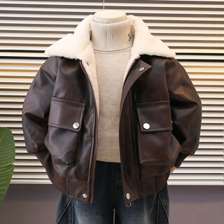 小红书爆款男童皮衣外套加绒加厚秋冬2025新款冬季夹克宝宝冬装小 咖啡色 cm 90