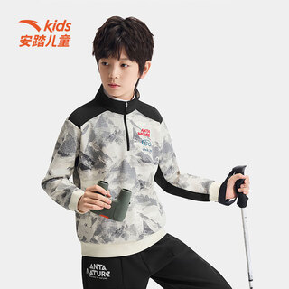 Anta children's clothing children's sweatshirt for boys 2025 winter new style chinese ice and snow velvet sweatshirt warm pullover top bedrock white/full print-1 130 cm