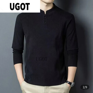 Ugot wansu men's autumn and winter new light luxury double-sided german velvet bottoming shirt men's henry collar long-sleeved. t-shirt stand-up collar sweatshirt black