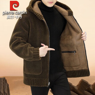 Pierre cardin 2025 autumn and winter new high-end sherpa jacket men's fur one-piece woolen coat men's jacket threaded hood 965865 zipper brown 3xl 185 recommendation 145-160jin jin equals 0.5 kg