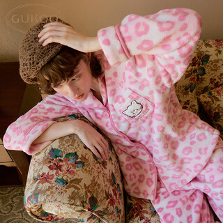 Gukoo pajamas for women winter new mikko plush warm and comfortable leopard print women's home wear set rose pink m