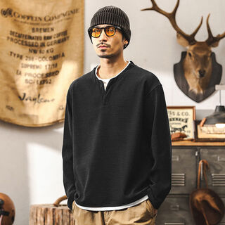 Fake two-piece american retro 400g heavyweight european velvet cotton long-sleeved t-shirt men's winter plus velvet tough guy henry shirt black 400g heavyweight m m suitable for 100-125jin jin is equal to 0.5 kg