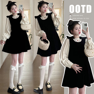 Ranqi mommy maternity wear set 2025 new dress autumn bow velvet vest skirt fungi trim shirt two-piece set shirt + velvet skirt (two-piece set) m