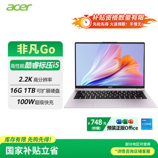宏碁（acer）非凡Go 国家补贴20% 14英寸轻薄本 学生办公笔记本电脑 (13代酷睿标压i5 16G 1T 2.2K)粉