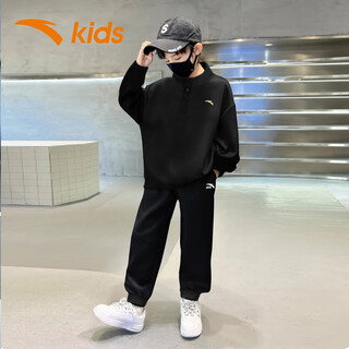Anta long-sleeved children's sports suit 2025 winter new medium and large children's clothing knitted pullover sweatshirt two-piece trousers black/white-1d 120