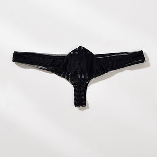 Junyeon men's mesh underwear transparent striped thong low waist sexy thin bag black 3xl