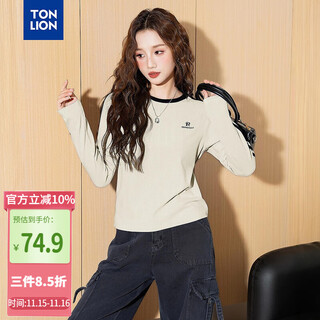 Tonlion 2025 autumn women's round neck contrast color side web long sleeve t-shirt