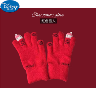 Disney gloves for women in winter, cute girls with velvet and thickening, students can touch screen, ladies cycling, cold protection and warm cycling, red snowman, one size fits all