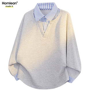 Homlean retro fake two-piece spliced lapel pullover sweatshirt for men in autumn trendy brand loose casual hx12 gray m