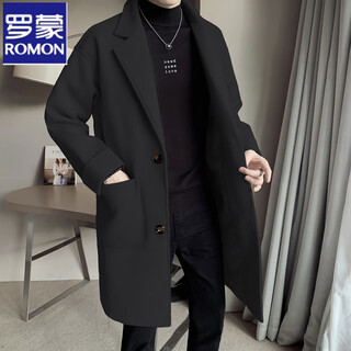 Luo meng beige woolen windbreaker jacket men's mid-length thick korean style loose and handsome autumn and winter woolen coat fashion black m