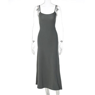 Shemoda european and american style high-waist slim suspender dress for women 2025 solid color casual a-line knee-length skirt gray s s