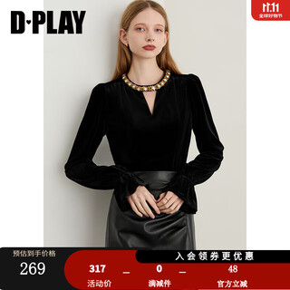 Dplaydplay light luxury sparkling diamond series 2025 autumn new black shirt women's sparkling diamond hollow design top velvet shirt - classic black xl