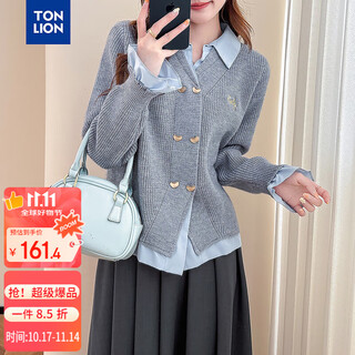 Tonlion 2025 autumn and winter woven splicing lapel double-breasted fake two-piece women's cardigan sweater