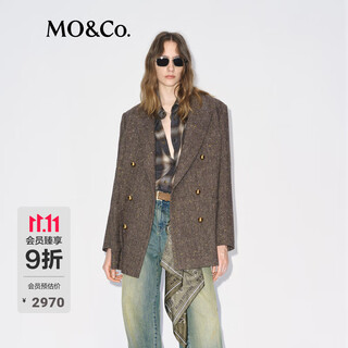 Mo&co. suit 2025 winter new retro color dot duffle textured brown tone peaked collar shoulder pad jacket mbe4bla006 brown flower yarn xs /155