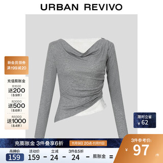 Ur2025 new autumn women's urban vacation pleated stitching lace one-shoulder t-shirt uwj450159 floral gray (fabric slightly see-through) s