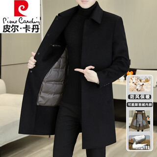 Pierre cardin winter woolen coat men's lapel long woolen windbreaker double-sided woolen coat men's 6807 black double-sided woolen + down liner xl 180