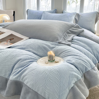 Saint relais milk velvet four-piece set 2025 new winter thickened coral velvet quilt cover bed sheet three-piece set baby blue + star gray bed sheet style 1.5m four-piece set