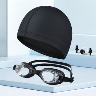 Sanqihu swimming cap unisex swimming cap men's comfortable non-stretching fabric cap ear protection children's hot spring swimming black - cloth cap + boxed swimming goggles + boxed nose clip earplugs