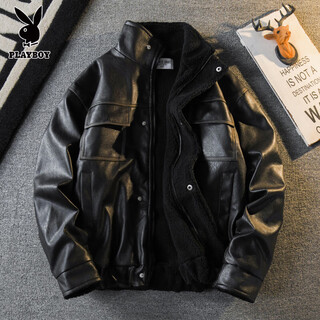 Playboy american retro maillard lamb velvet leather jacket men's winter trendy brand plus velvet warm and thickened cotton jacket black l