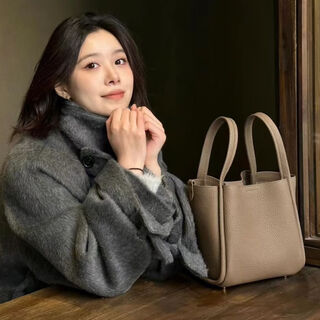 Yusenyihunxi medium vegetable basket litchi pattern first layer cowhide large capacity portable bucket bag for women elephant gray dark