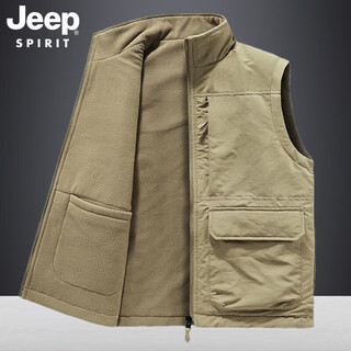 Jeep autumn and winter fishing vest men's autumn outdoor multi-pocket workwear waistcoat loose large size stand collar waterproof male khaki l