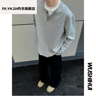 Fr.yh.zh henry collar fake two-piece long-sleeved t-shirt for men and women, loose old money style casual solid color crew neck shirt, gray m