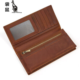 袋鼠精品时尚复古真皮男士钱包疯马皮二折长款钱包多卡位皮夹牛皮零钱 8031-棕色