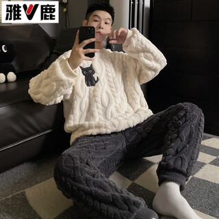 Yalu cute cat pajamas for couples autumn and winter coral velvet large size plus fat korean style flannel home clothing set for men and women mj velvet-s392#little good cat (male picture) 2xl 130-150jin jin is equal to 0.5 kg