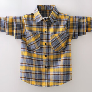 Hengyuanxiang boys' shirt pure cotton long-sleeved spring children's lapel plaid shirt baby middle and large children plus velvet thickening fashionable yellow 170 cm